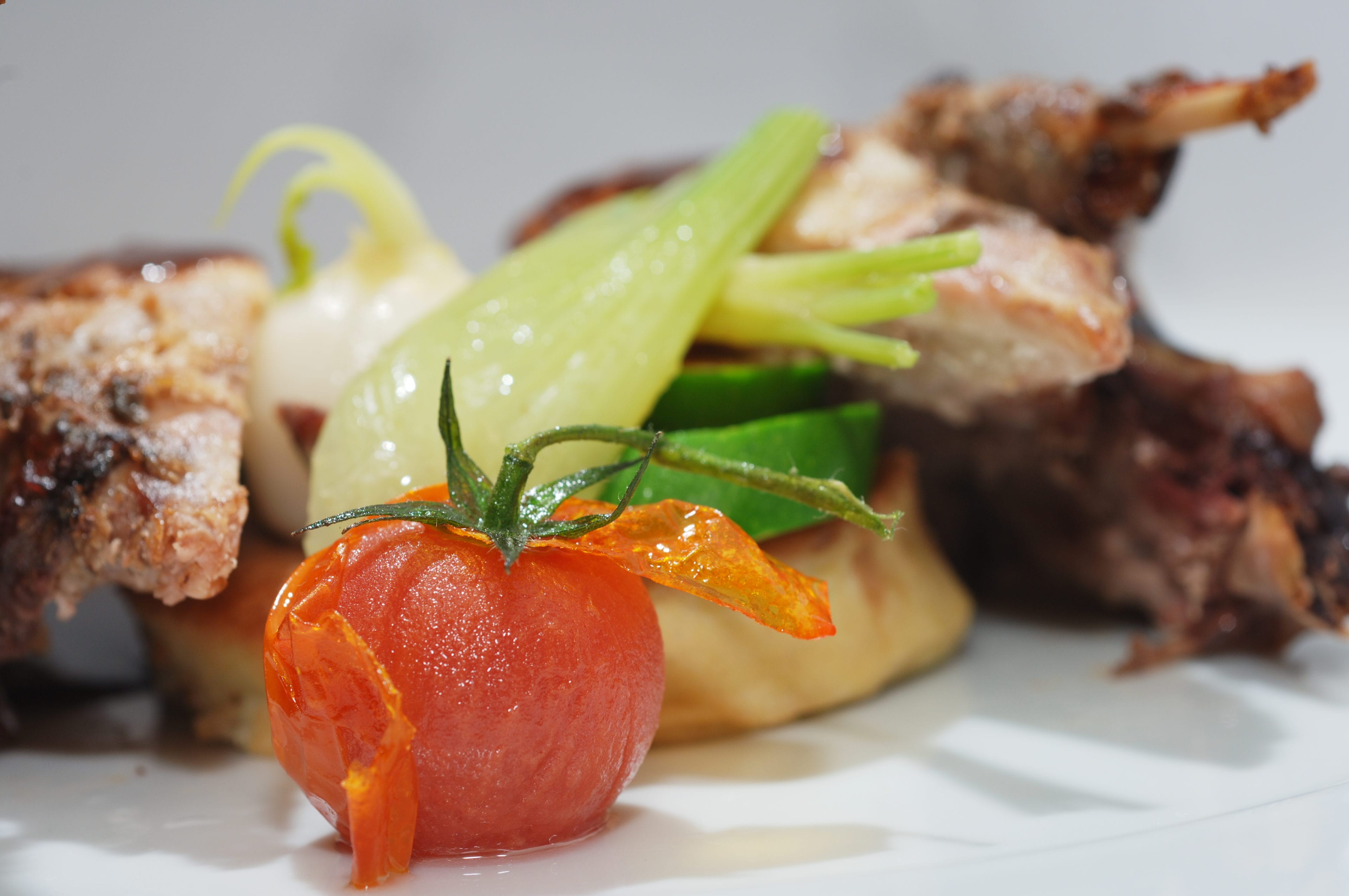 Partridge on a plate with tomato and other vegetables